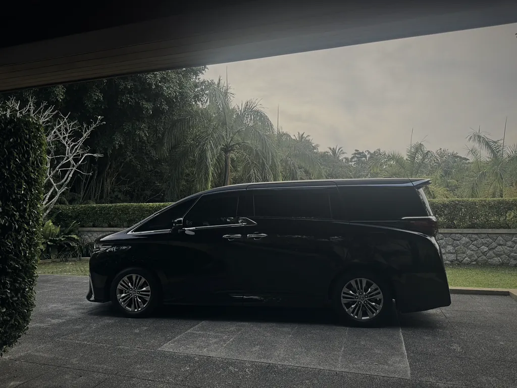 The black Toyota Alphard, side on, parked under a porch among palms