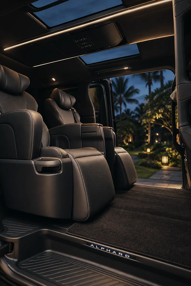 The Alphard’s leather lounge seats seen from its lit door step, a garden through the open door
